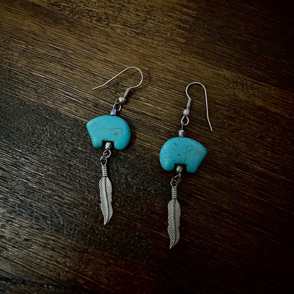 Turquoise Bear and Silver Feather Earrings